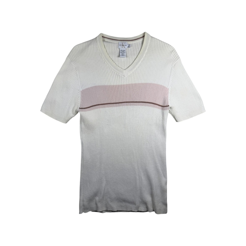 Calvin‎ Klein Jeans Vintage V-Neck Short Sleeve Sweater Cream Pink Striped M